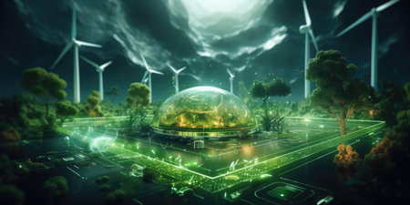 Green energy concept with wind turbines and planet earth. 3D renderingの素材
