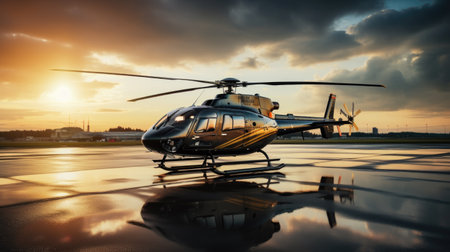 Helicopter on the runway at sunset with reflection in the waterの素材