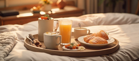Breakfast in bed. Coffee, croissants, juice and fruitsの素材