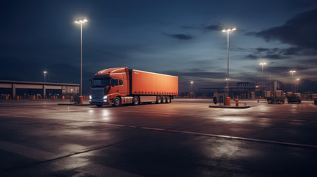 Truck on the road at night. Cargo transportation and logistics concept.の素材
