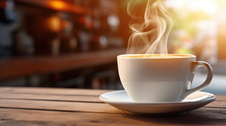 Coffee cup on wooden table in coffee shop, stock photoの素材