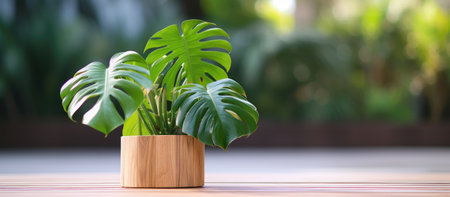 Monstera deliciosa or Swiss cheese plant in pot on wooden tableの素材