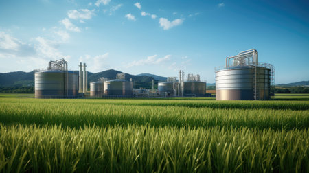 Industrial landscape with rice field and silos. 3d renderの素材