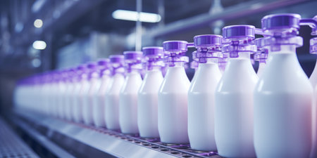 Conveyor belt with bottles of milk in a dairy factory.の素材
