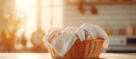 Wicker basket with clean clothes on table in kitchen, closeupの素材