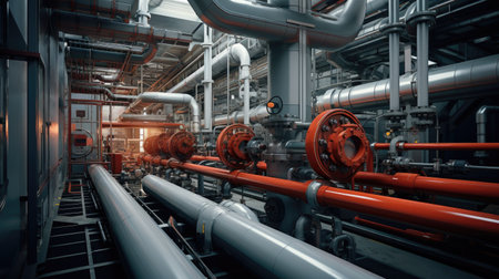 Industrial zone, Steel pipelines and cables in blue tones. 3d renderingの素材