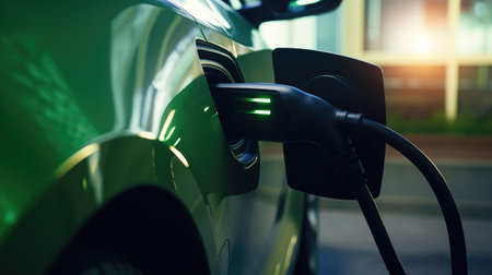 Charging an electric car with a plug in an electrical car.の素材