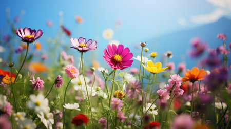 Colorful cosmos flowers in the meadow with mountain and blue sky backgroundの素材