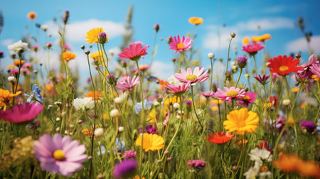 Colorful cosmos flowers in the meadow on the blue sky backgroundの素材