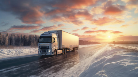 Truck on the road at sunset. Freight transportation. 3d renderingの素材