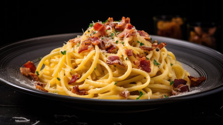 Spaghetti Carbonara with bacon on black plate. Italian cuisine.の素材