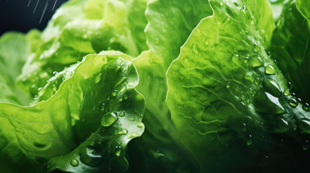 fresh green lettuce with drops of water close-up on a dark backgroundの素材