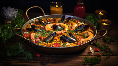 Seafood paella in a pan on a dark wooden backgroundの素材