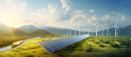 solar energy panels and wind turbines generating electricity in the green fieldの素材