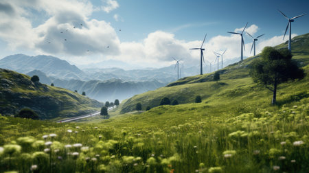 Wind turbines on a grassy hillside in the alps of Switzerlandの素材