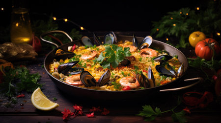 Paella with seafood, mussels and shrimps. Traditional spanish dishの素材