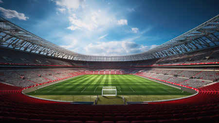 3D render of a large football stadium with red seats and VIP boxesの素材