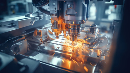 The CNC milling machine cutting the metal part with the sparking light. The hi-technology automotive parts manufacturing process.の素材