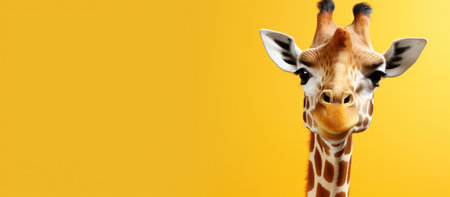 Giraffe head isolated on yellow background with copy space for textの素材