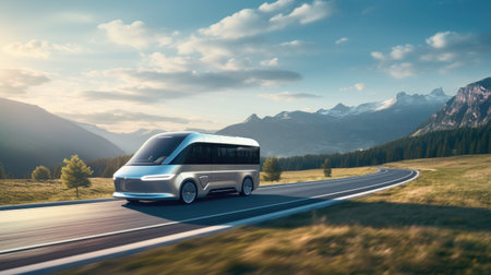 White passenger bus on the road in the mountains. 3d renderingの素材