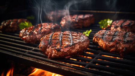 Grilling beef steaks on barbecue grill with flames and smoke.の素材