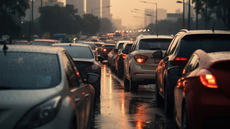 traffic jam on the road in the city, heavy rain.の素材
