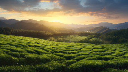Tea Plantations at Sunrise, Munnar, Kerala, South Indiaの素材