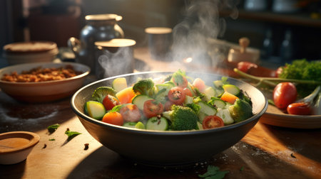 vegetable salad in a bowl on a wooden table in the kitchenの素材