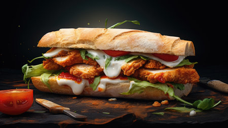 Chicken sandwich with tomato and mozzarella cheese on a dark backgroundの素材