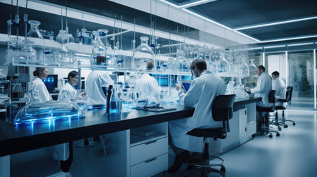 scientist working with microscope and test tubes in modern laboratory, science research and development conceptの素材