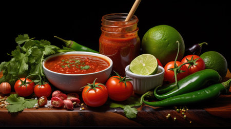 spicy tomato sauce with ingredients on a wooden board, black backgroundの素材