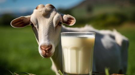 Milk in a glass and a white goat on a green meadowの素材