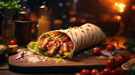 Tortilla wrap with chicken and vegetables on a wooden board.の素材