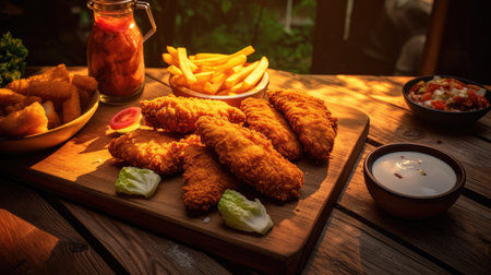 Crispy fried fish and chips served on a wooden board.の素材