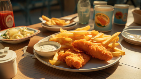 Fish and chips with tartar sauce on a table in a restaurantの素材