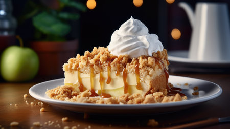 Apple pie with whipped cream and caramel sauce on a wooden table.の素材