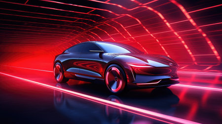 3D rendering of a brand-less generic concept car with neon lightsの素材