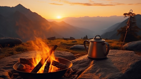 Camping in the mountains at sunset. Teapot and campfire on the background of mountains.の素材