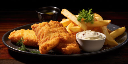 Fish and chips with mayonnaise sauce on a wooden table.の素材