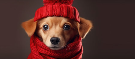 Cute puppy in a red knitted hat and scarf on a dark backgroundの素材