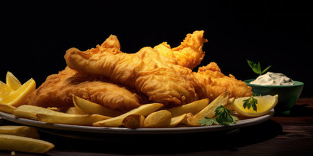 Fish and chips with tartar sauce on wooden table, black backgroundの素材