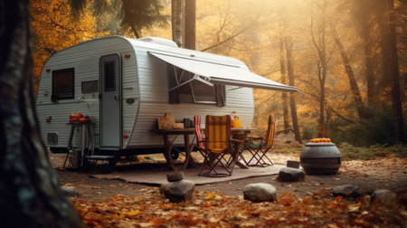 Caravan trailer camping in the autumn forest. Traveling with motor home concept.の素材