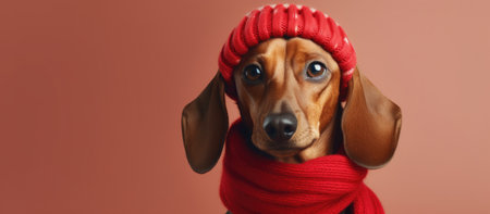 Portrait of a dachshund in a red knitted scarf on a red background.の素材