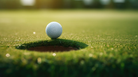 Golf ball on green grass ready to be shot into hole.の素材
