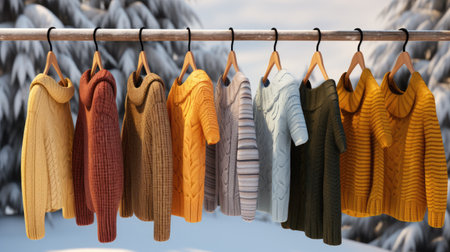 Winter clothes hanging on the clothesline in the snowy forest. 3d renderingの素材