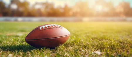 American football ball on green grass field at sunset. American football conceptの素材