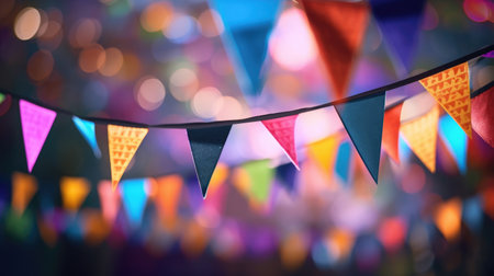 Decorated party flags with bokeh background, close upの素材