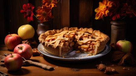 Homemade apple pie with fresh apples on rustic wooden background.の素材