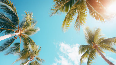 Coconut palm tree on blue sky background. Summer holiday and vacation conceptの素材