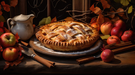 Homemade apple pie on a rustic wooden table with autumn leavesの素材